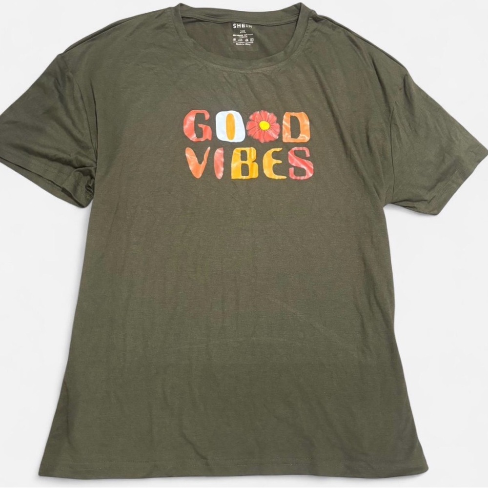 SHEIN Olive Tee with Vibrant 'Good Vibes' Design